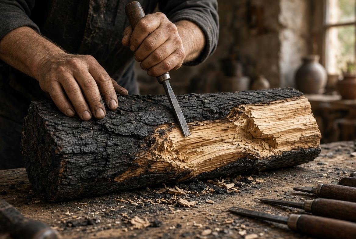 Carving a charred log