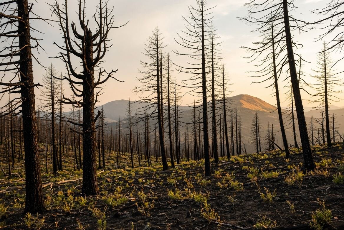 Burnt forest after fire, new growth at the roots